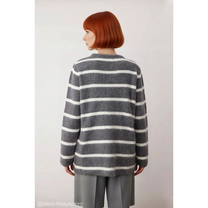 Kadınlar İçin Çizgili Triko Bisiklet Yaka Düşük Kol Regular Kalıp Kışlık Tesettür Kazak Rahatlık