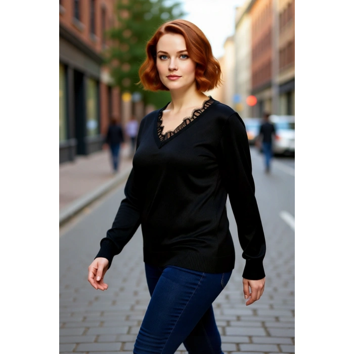 Kadınlar İçin Dantel Detaylı V Yaka Triko Kazak Düşük Kol Tasarımıyla Şıklık Sunar Kaliteli