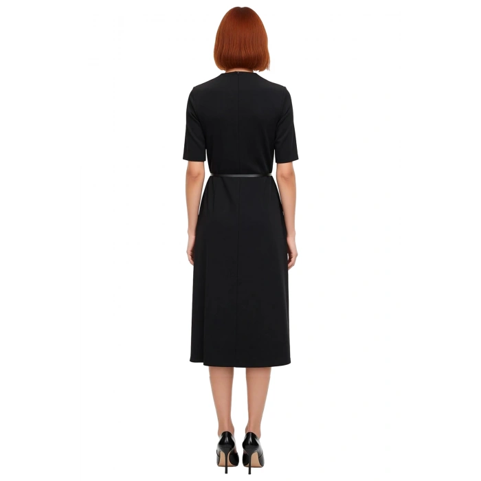 Kadınlar İçin Dik Yaka Bodycon Midi Elbise Kemerli Anvelop Kesim Standart Kol Şıklığı Kaliteli