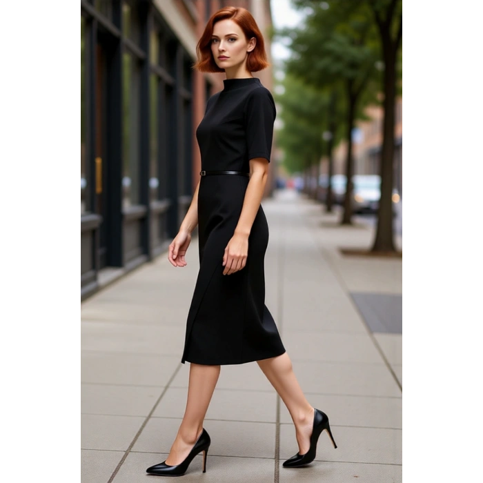 Kadınlar İçin Dik Yaka Bodycon Midi Elbise Kemerli Anvelop Kesim Standart Kol Şıklığı Kaliteli