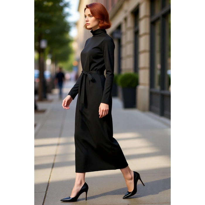 Kadınlar İçin Dik Yaka Düz Örme Scuba Kumaş Maxi Boy Tesettür Elbise Kemer Detayı ile Şık ve Modern