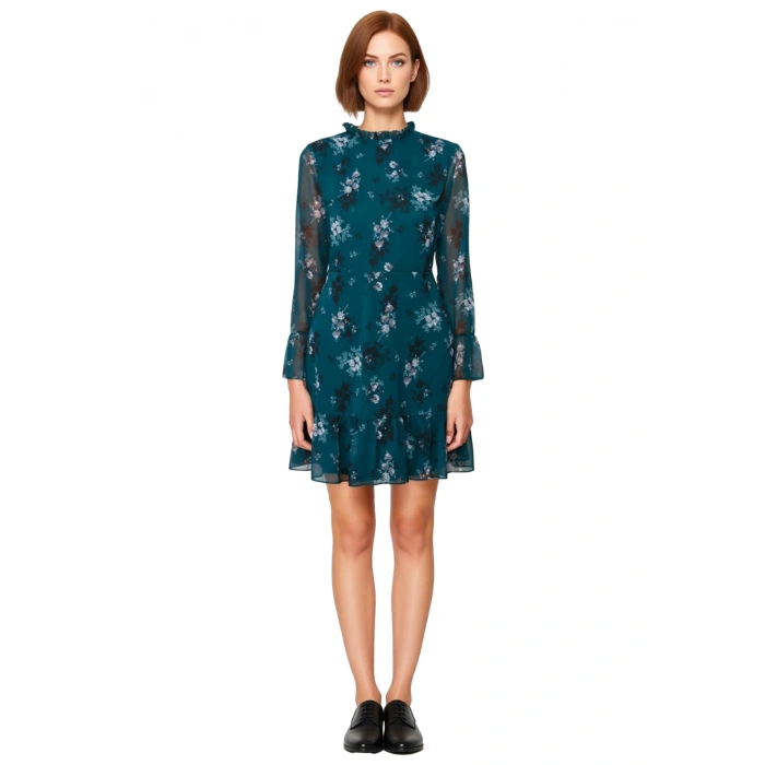 Kadınlar İçin Dik Yaka Fırfır Detaylı Çiçek Desenli Şifon A Line Uzun Kollu Mini Elbise Kaliteli