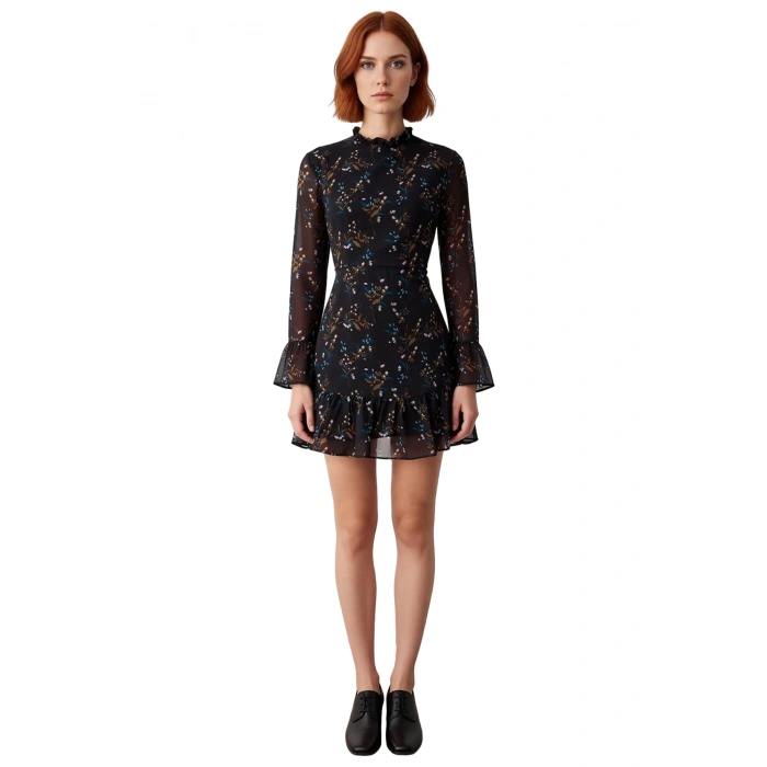 Kadınlar İçin Dik Yaka Fırfır Detaylı Çiçek Desenli Şifon A Line Uzun Kollu Mini Elbise Kaliteli