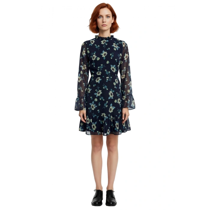 Kadınlar İçin Dik Yaka Fırfır Detaylı Çiçek Desenli Şifon A Line Uzun Kollu Mini Elbise Kaliteli