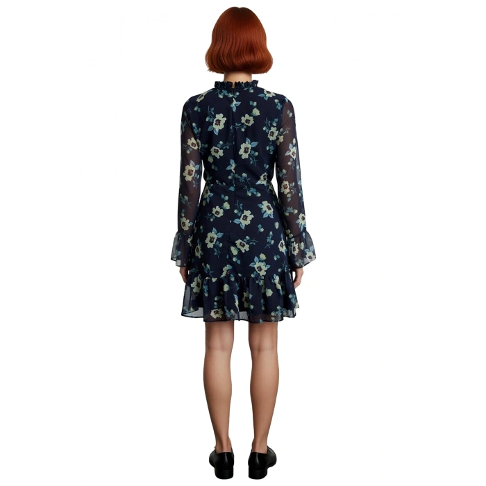 Kadınlar İçin Dik Yaka Fırfır Detaylı Çiçek Desenli Şifon A Line Uzun Kollu Mini Elbise Kaliteli
