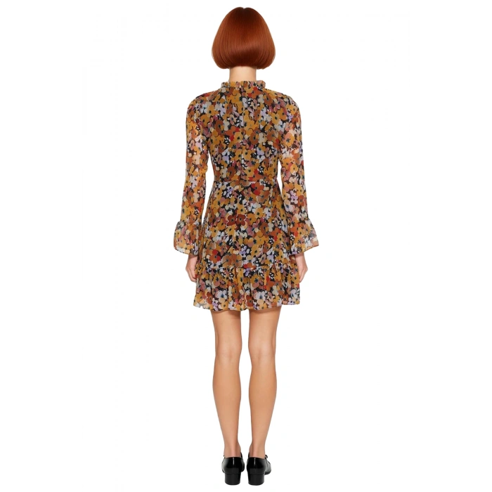 Kadınlar İçin Dik Yaka Fırfır Detaylı Çiçek Desenli Şifon A Line Uzun Kollu Mini Elbise Kaliteli