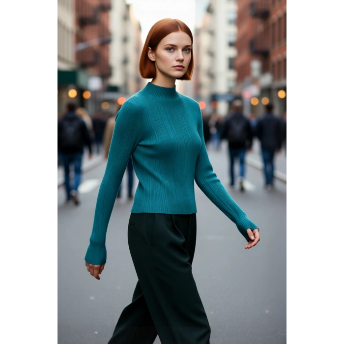 Kadınlar İçin Dik Yaka Fitilli Dokuma Fitted Kalıp Uzun Kollu Basic Triko Kazak Kışlık Şıklık ve