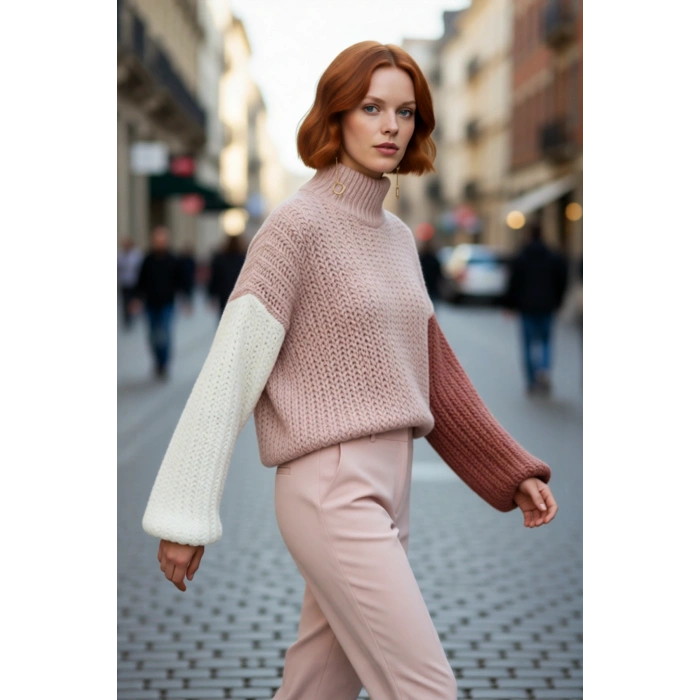 Kadınlar İçin Dik Yaka Oversize Kalıp Renk Bloklu Balon Kol Uzun Triko Kazak Kışlık Konfor