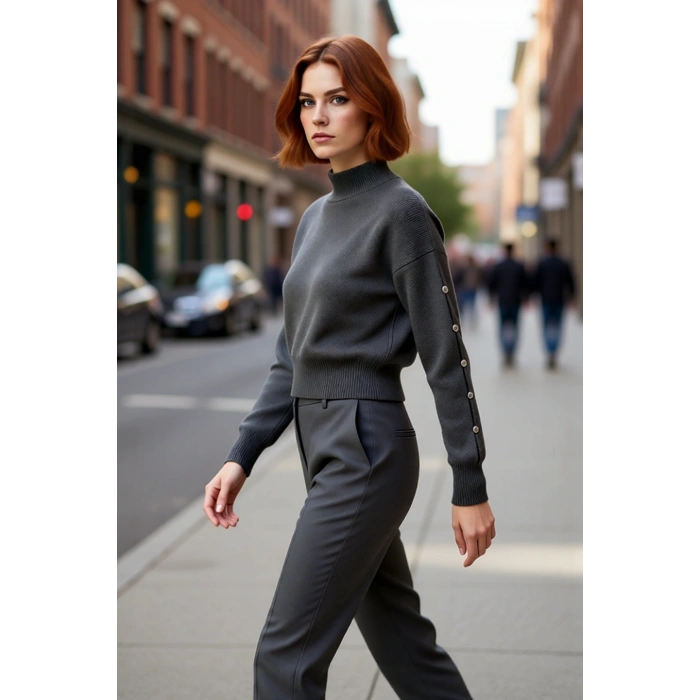 Kadınlar İçin Dik Yaka Regular Kalıp Düşük Kol Düğme Detaylı Triko Kazak Soğuk Günlerin Şık Seçimi