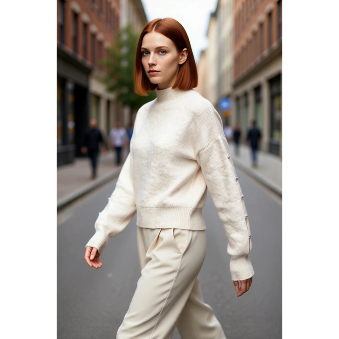 Kadınlar İçin Dik Yaka Regular Kalıp Düşük Kol Düğme Detaylı Triko Kazak Soğuk Günlerin Şık Seçimi