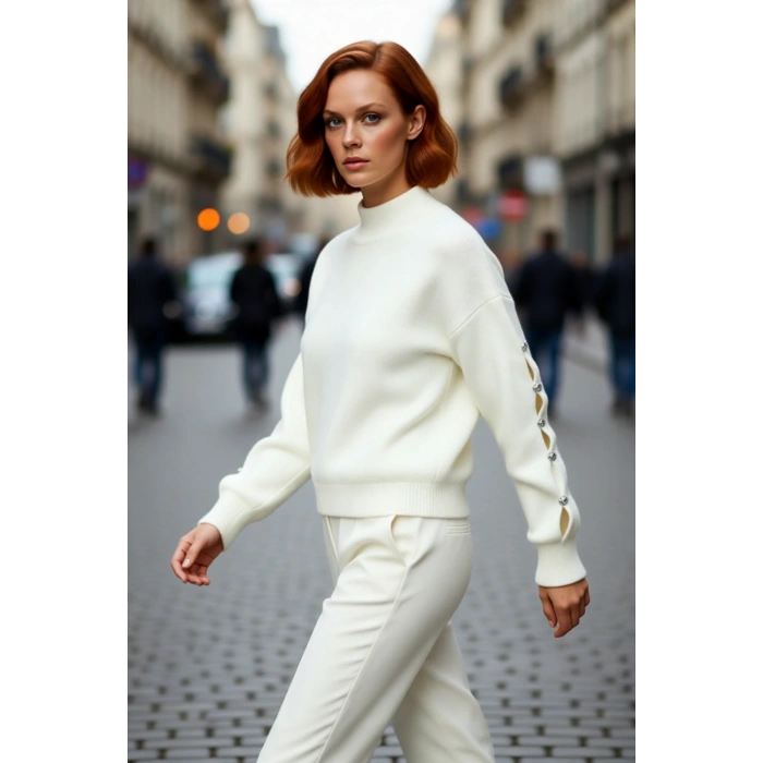 Kadınlar İçin Dik Yaka Regular Kalıp Düşük Kol Düğme Detaylı Triko Kazak Soğuk Günlerin Şık Seçimi