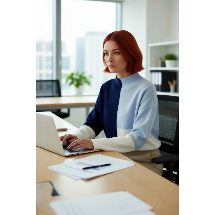 Kadınlar İçin Dik Yaka Relaxed Kesim Renk Bloklu Akrilik Triko Kazak Günlük Kullanım Kaliteli