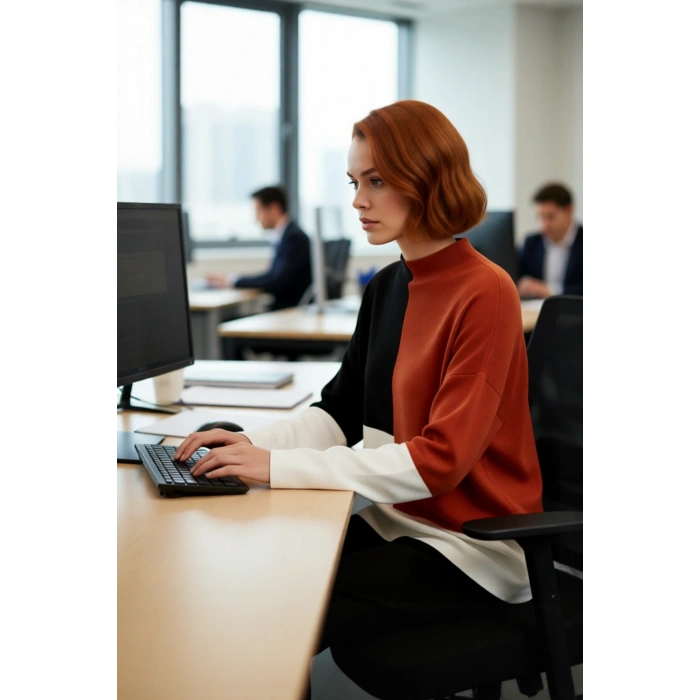 Kadınlar İçin Dik Yaka Relaxed Kesim Renk Bloklu Akrilik Triko Kazak Günlük Kullanım Kaliteli