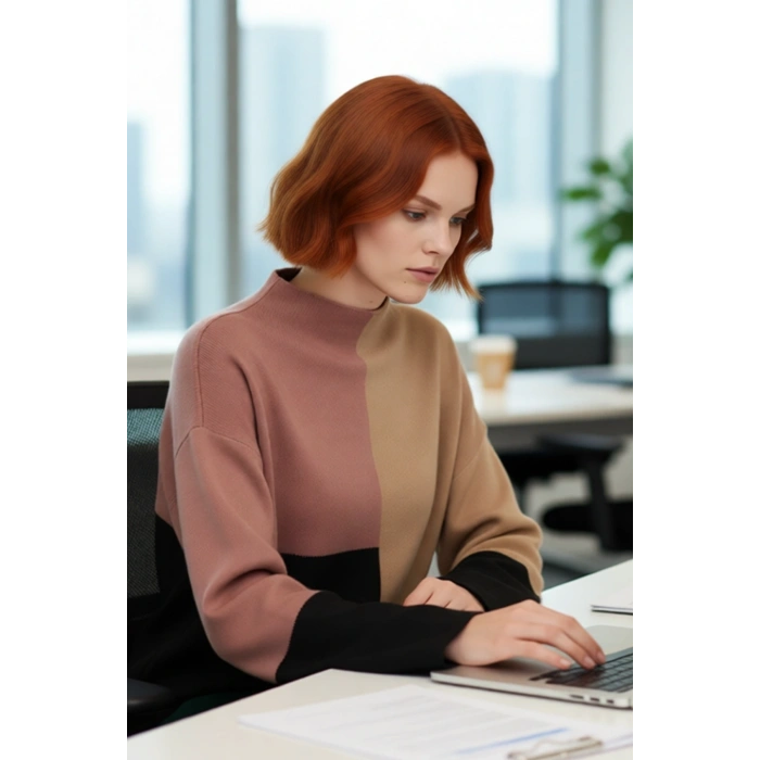 Kadınlar İçin Dik Yaka Relaxed Kesim Renk Bloklu Akrilik Triko Kazak Günlük Kullanım Kaliteli