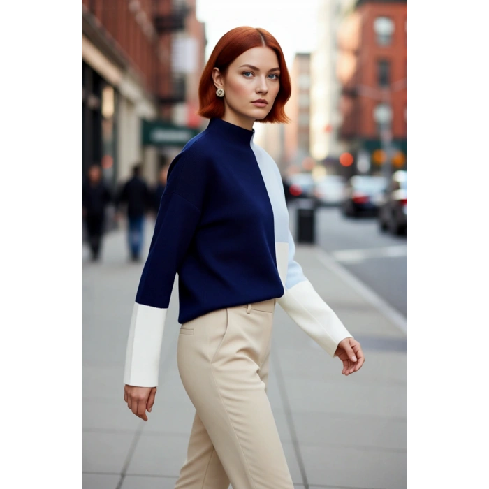 Kadınlar İçin Dik Yaka Relaxed Kesim Renk Bloklu Akrilik Triko Kazak Günlük Kullanım Kaliteli