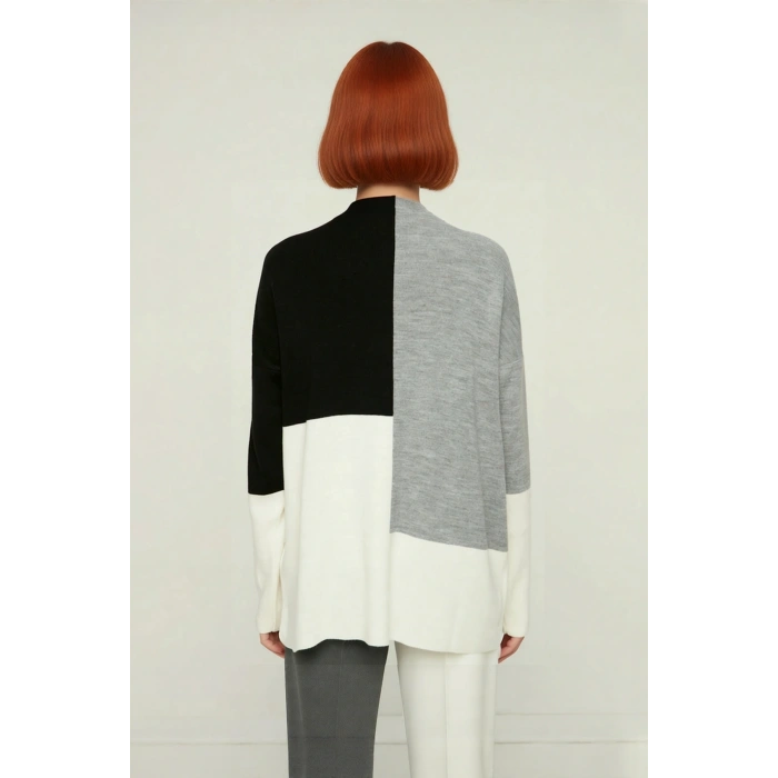 Kadınlar İçin Dik Yaka Relaxed Kesim Renk Bloklu Akrilik Triko Kazak Günlük Kullanım Kaliteli