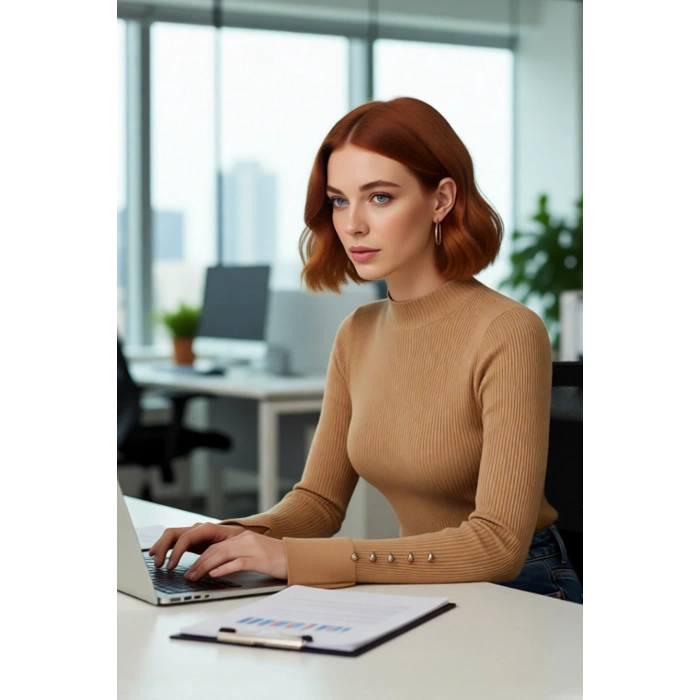 Kadınlar İçin Dik Yaka Uzun Kollu Fitilli Dokuma Fitted Kesim Triko Kazak Günlük Giyim Kaliteli