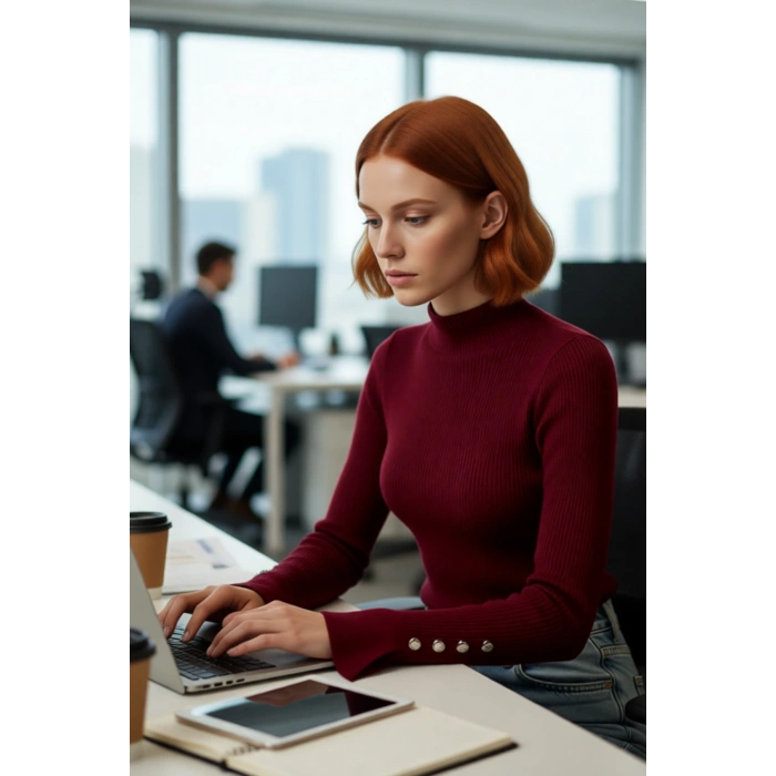 Kadınlar İçin Dik Yaka Uzun Kollu Fitilli Dokuma Fitted Kesim Triko Kazak Günlük Giyim Kaliteli