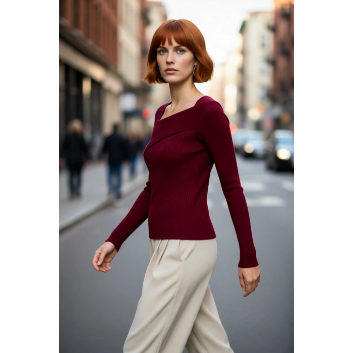 Kadınlar İçin Düz Desen Asimetrik Yaka Akrilik Triko Kazak Fitted Uzun Kollu Modern Şıklık