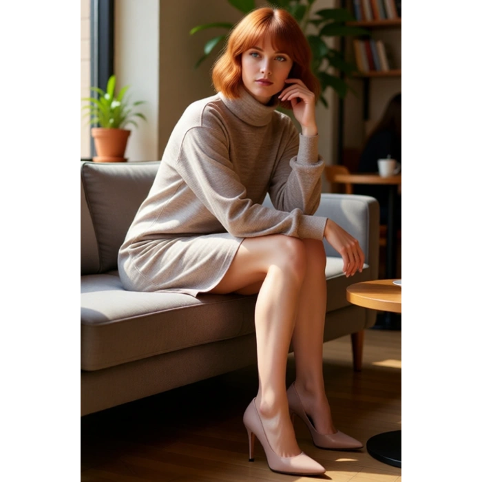 Kadınlar İçin Düz Desen Balıkçı Yaka Uzun Kollu Shift Kalıp Akrilik Triko Mini Elbise Kış Sezonu