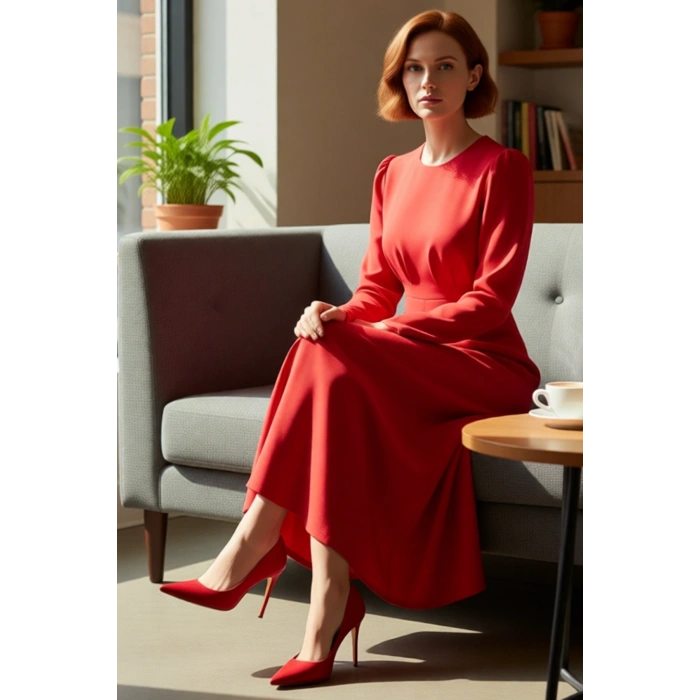 Kadınlar İçin Düz Desen Kırmızı Dokuma Maxi Elbise Skater Kalıp Uzun Kol Bisiklet Yaka Şıklığı