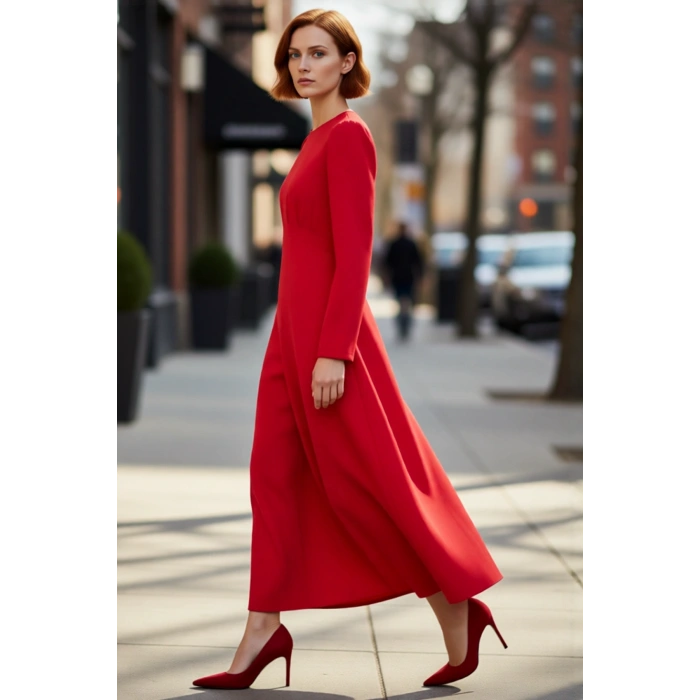 Kadınlar İçin Düz Desen Kırmızı Dokuma Maxi Elbise Skater Kalıp Uzun Kol Bisiklet Yaka Şıklığı