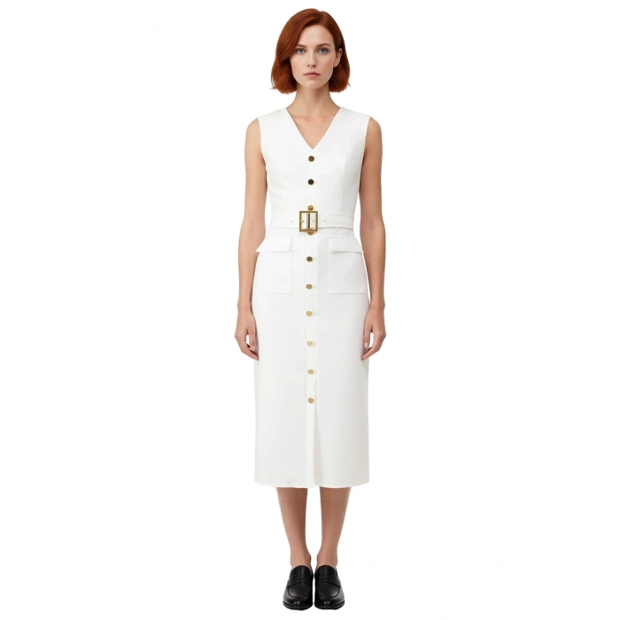 Kadınlar İçin Düz Desenli Bodycon Siluet Kolsuz Midi Dokuma Elbise V Yaka ve Kemerli Tasarım