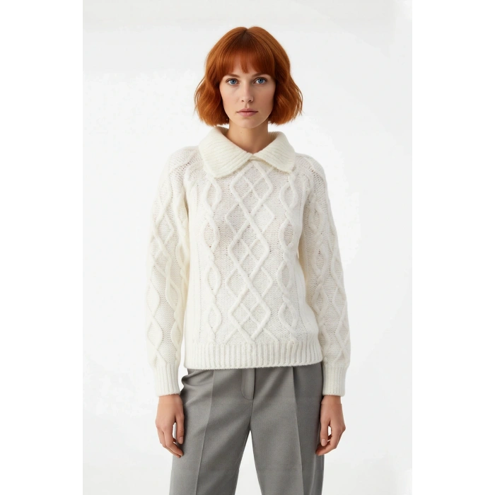 Kadınlar İçin Ekru Casual Gömlek Yaka Saç Örgü Desenli Regular Triko Kazak Sonbahar Kış Kaliteli