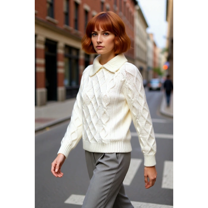 Kadınlar İçin Ekru Casual Gömlek Yaka Saç Örgü Desenli Regular Triko Kazak Sonbahar Kış Kaliteli