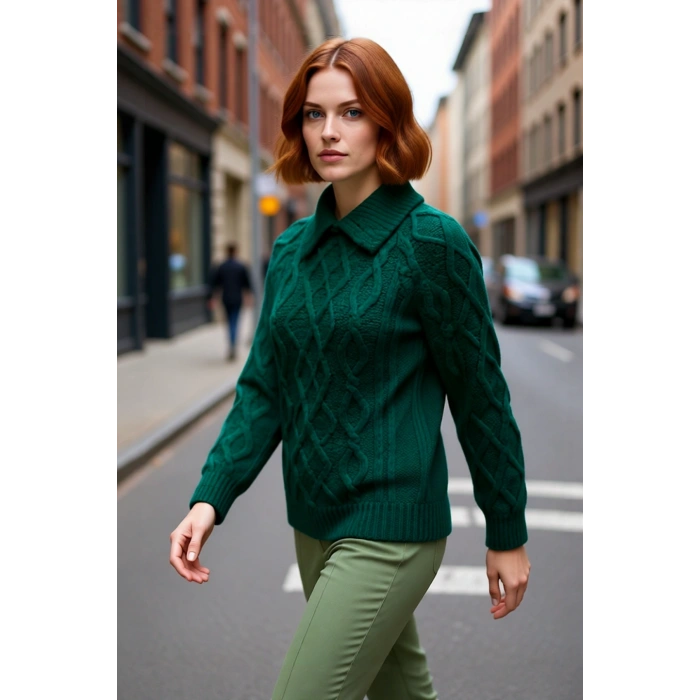 Kadınlar İçin Ekru Casual Gömlek Yaka Saç Örgü Desenli Regular Triko Kazak Sonbahar Kış Kaliteli