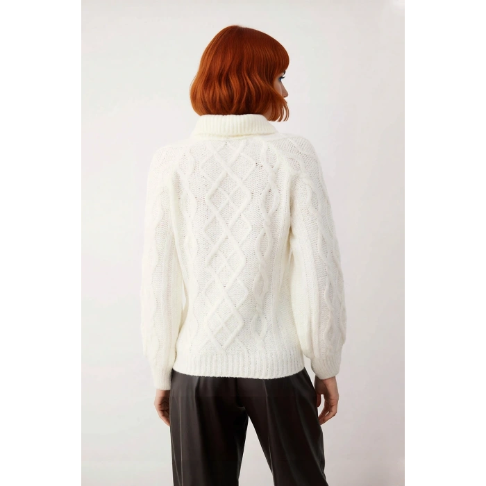 Kadınlar İçin Ekru Casual Gömlek Yaka Saç Örgü Desenli Regular Triko Kazak Sonbahar Kış Kaliteli