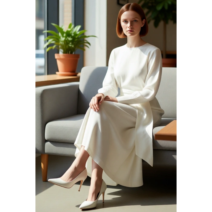 Kadınlar İçin Ekru Kuşak Detaylı Bisiklet Yaka Uzun Kollu Dokuma Maxi Shift Elbise Günlük Konfor