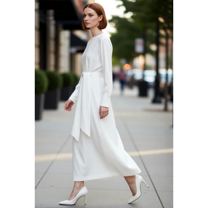 Kadınlar İçin Ekru Kuşak Detaylı Bisiklet Yaka Uzun Kollu Dokuma Maxi Shift Elbise Günlük Konfor