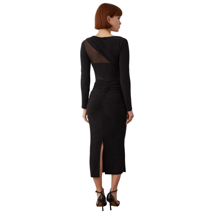 Kadınlar İçin Fashion Forward Örme Midi Elbise Bodycon Kalıp Uzun Kol Bisiklet Yaka Şık Kışlık