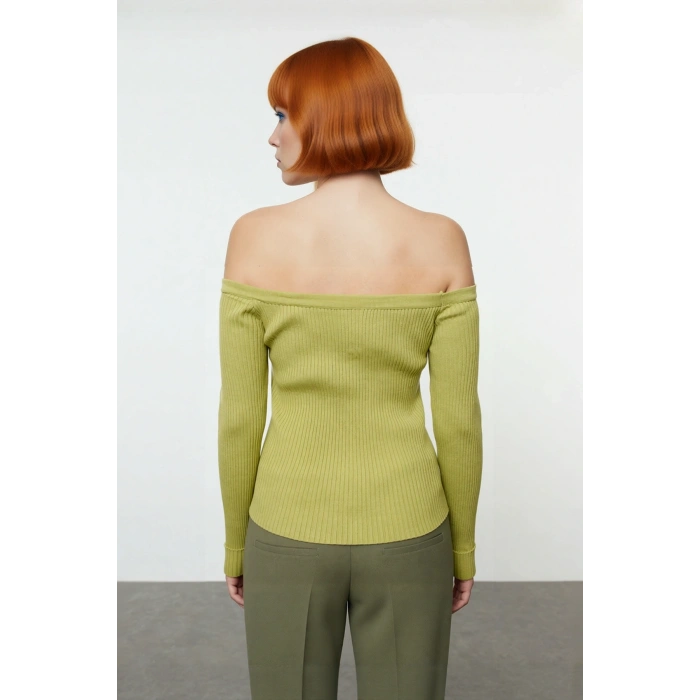 Kadınlar İçin Fitted Kesim Akrilik Uzun Kollu Fitilli Triko Carmen Yaka Hırka Bluz Kaliteli