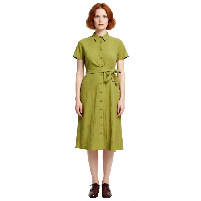 Kadınlar İçin Gofre Dokuma Gömlek Yaka Midi Elbise Rahatlığı Ve Şıklığı Birleştirir Kaliteli