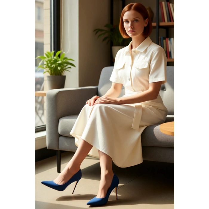 Kadınlar İçin Gömlek Yaka Kemerli Maxi Boy %100 Pamuklu Denim Rahat Günlük Astarsız Elbise