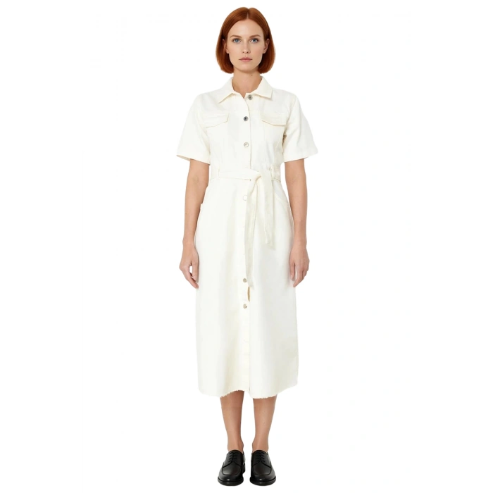 Kadınlar İçin Gömlek Yaka Kemerli Maxi Boy %100 Pamuklu Denim Rahat Günlük Astarsız Elbise