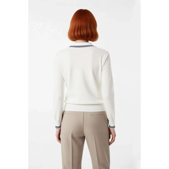 Kadınlar İçin İlkbahar Sonbahar Polo Yaka Triko Kazak Renk Bloklu İnce Yapı Rahat Kesim Kaliteli