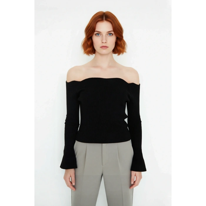 Kadınlar İçin İnce Fitted Carmen Yaka Akrilik Triko Kazak Uzun Kollu Düz Fitilli Tasarım Modelleri