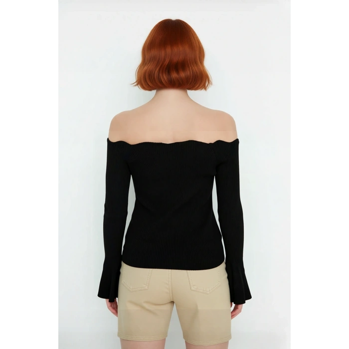 Kadınlar İçin İnce Fitted Carmen Yaka Akrilik Triko Kazak Uzun Kollu Düz Fitilli Tasarım Modelleri