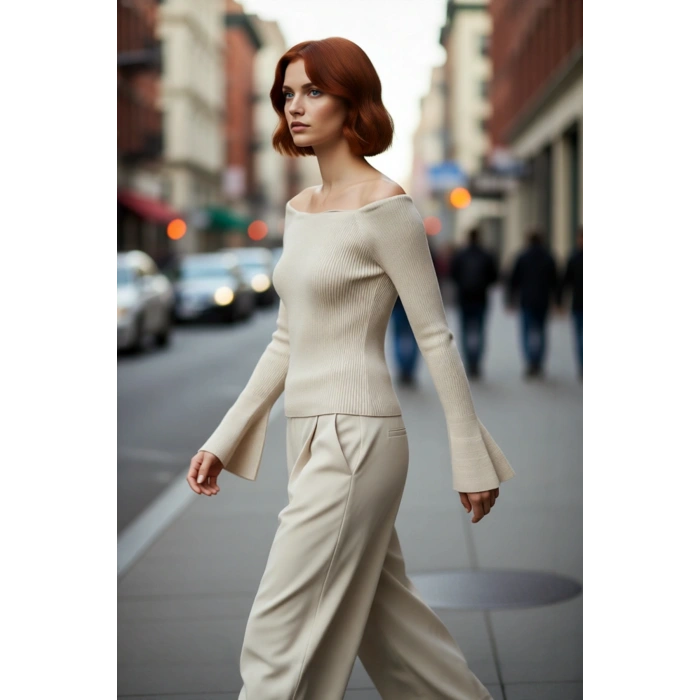 Kadınlar İçin İnce Fitted Carmen Yaka Akrilik Triko Kazak Uzun Kollu Düz Fitilli Tasarım Modelleri