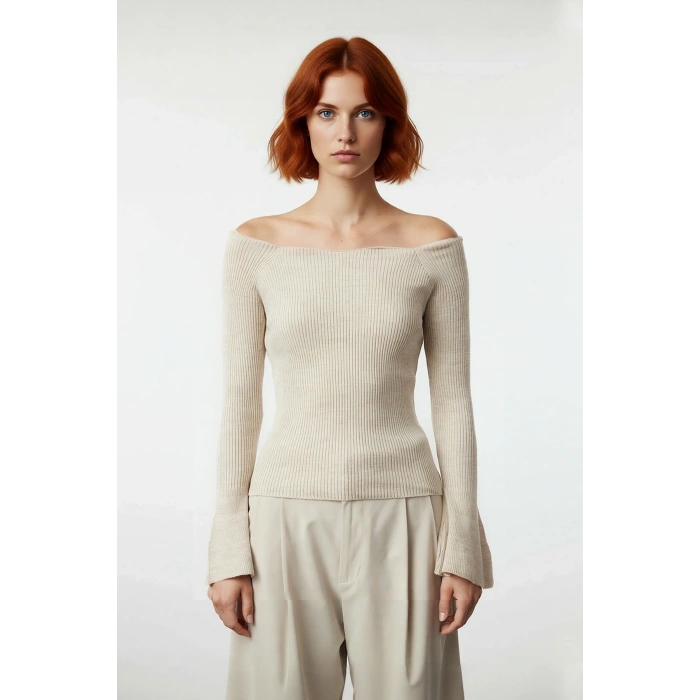 Kadınlar İçin İnce Fitted Carmen Yaka Akrilik Triko Kazak Uzun Kollu Düz Fitilli Tasarım Modelleri