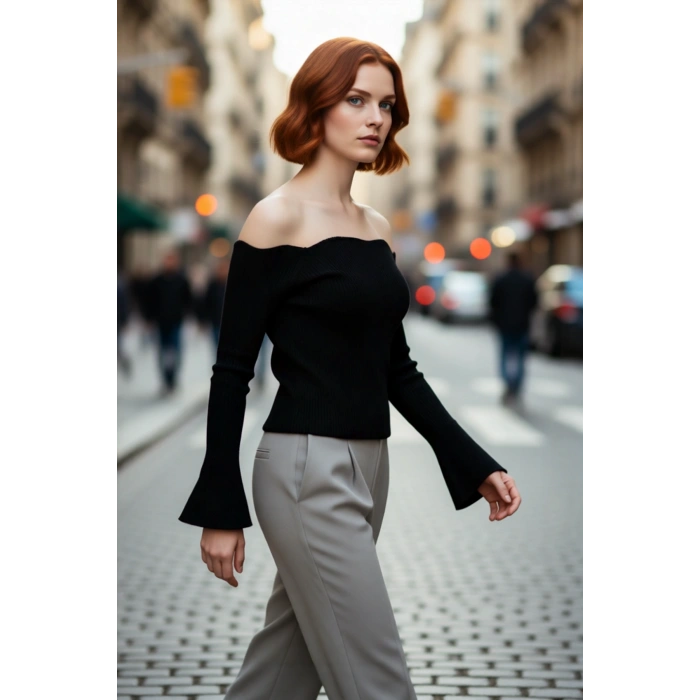 Kadınlar İçin İnce Fitted Carmen Yaka Akrilik Triko Kazak Uzun Kollu Düz Fitilli Tasarım Modelleri