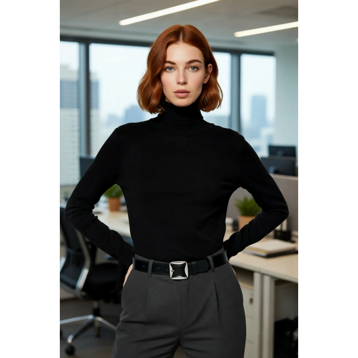 Kadınlar İçin İnce Triko Kumaş Düz Desen Balıkçı Yaka Fitted Kalıp Kışlık Basic Kazak Modeli