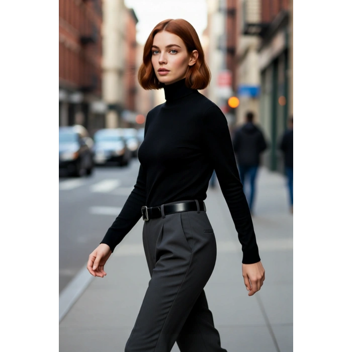 Kadınlar İçin İnce Triko Kumaş Düz Desen Balıkçı Yaka Fitted Kalıp Kışlık Basic Kazak Modeli