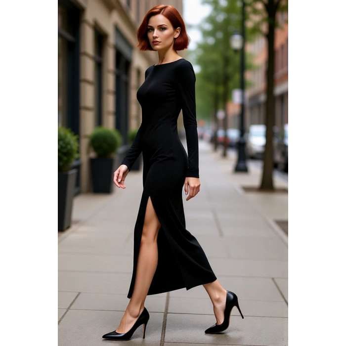 Kadınlar İçin Kayık Yaka Uzun Kollu Maxi Boy Sırt Dekolteli Şık Bodycon Örme Elbise Kaliteli