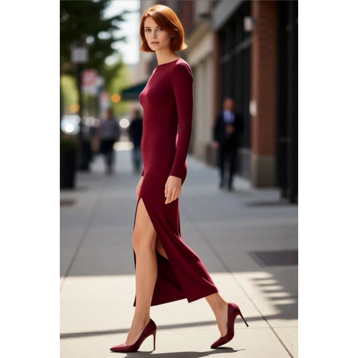 Kadınlar İçin Kayık Yaka Uzun Kollu Maxi Boy Sırt Dekolteli Şık Bodycon Örme Elbise Kaliteli