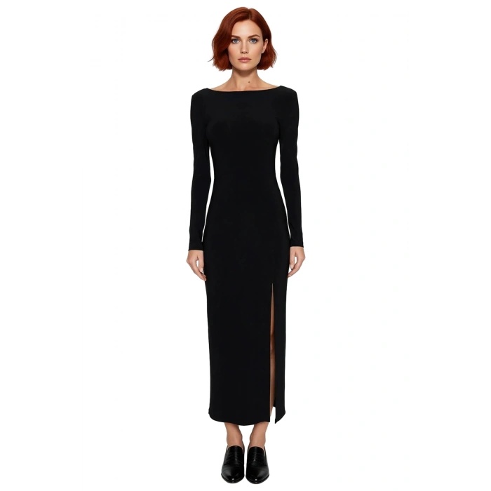 Kadınlar İçin Kayık Yaka Uzun Kollu Maxi Boy Sırt Dekolteli Şık Bodycon Örme Elbise Kaliteli