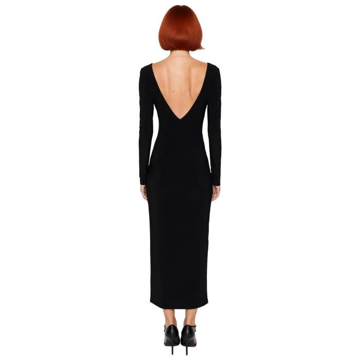 Kadınlar İçin Kayık Yaka Uzun Kollu Maxi Boy Sırt Dekolteli Şık Bodycon Örme Elbise Kaliteli